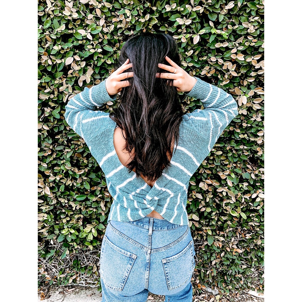🆕 Teal Twist Back Stripe Sweater